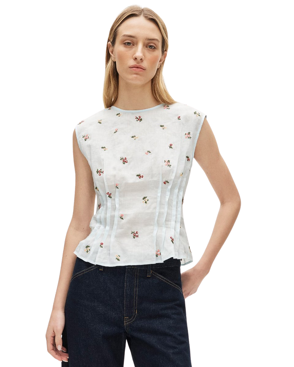 Pintuck shell top in ramie with embroidered florals