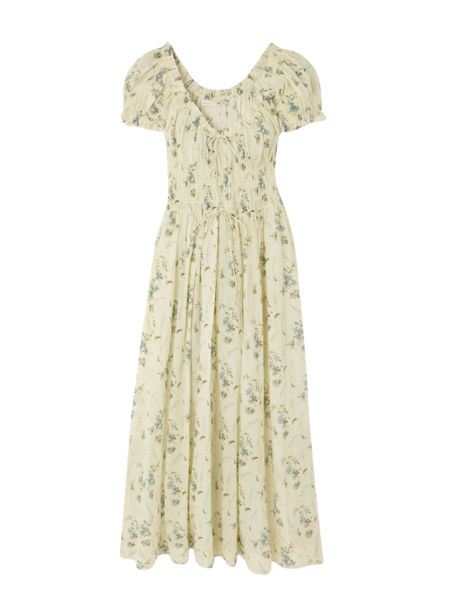 Ashlynn tie-detailed shirred floral-print organic cotton-voile midi dress