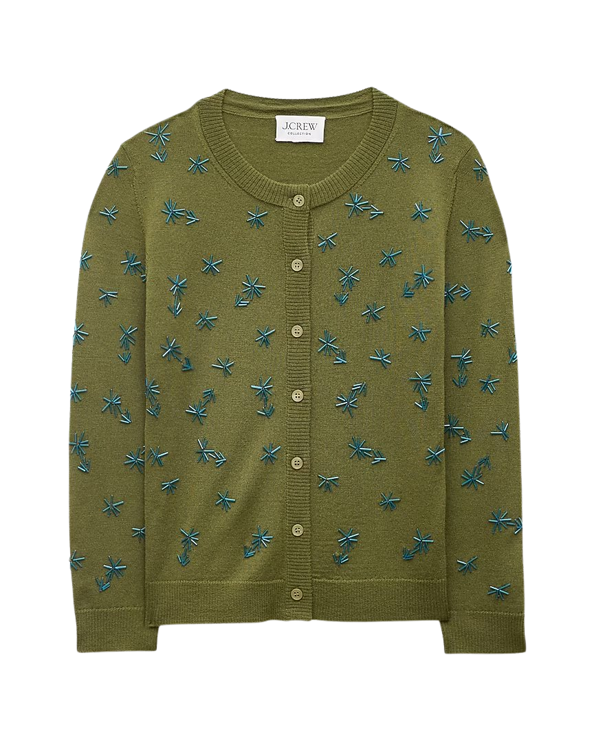 Collection crewneck cardigan in merino wool with embellishments