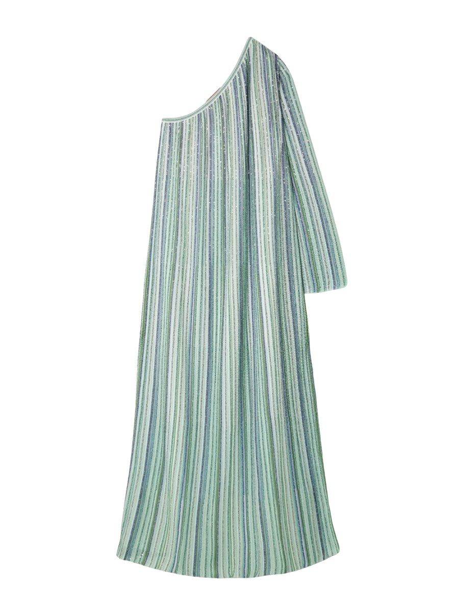 One-shoulder sequin-trimmed striped crochet-knit maxi dress