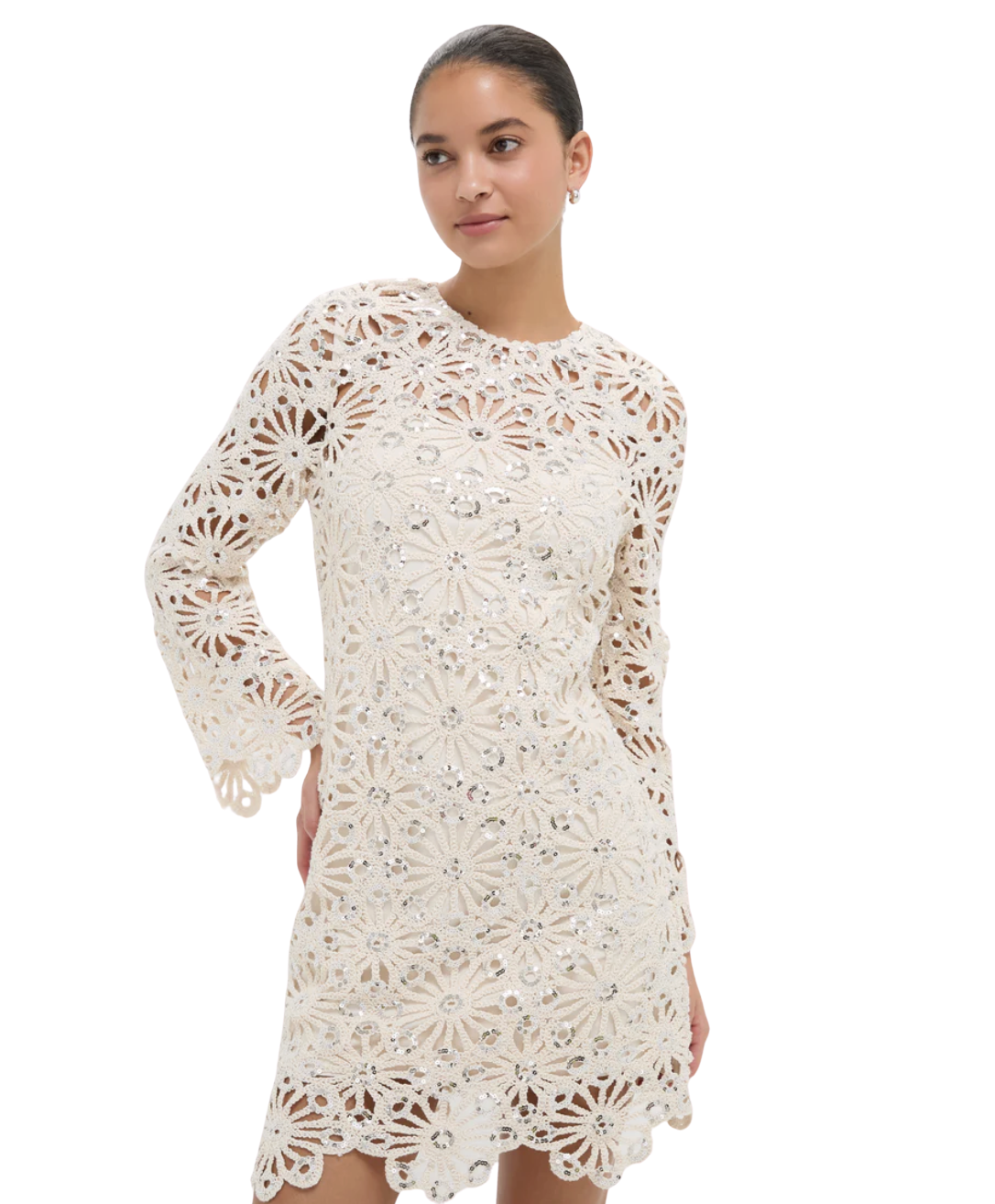 Beige Sequined Crochet Carrie Mini Dress