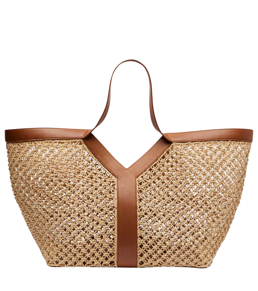 Saint Laurent Y leather-trimmed raffia shopper
