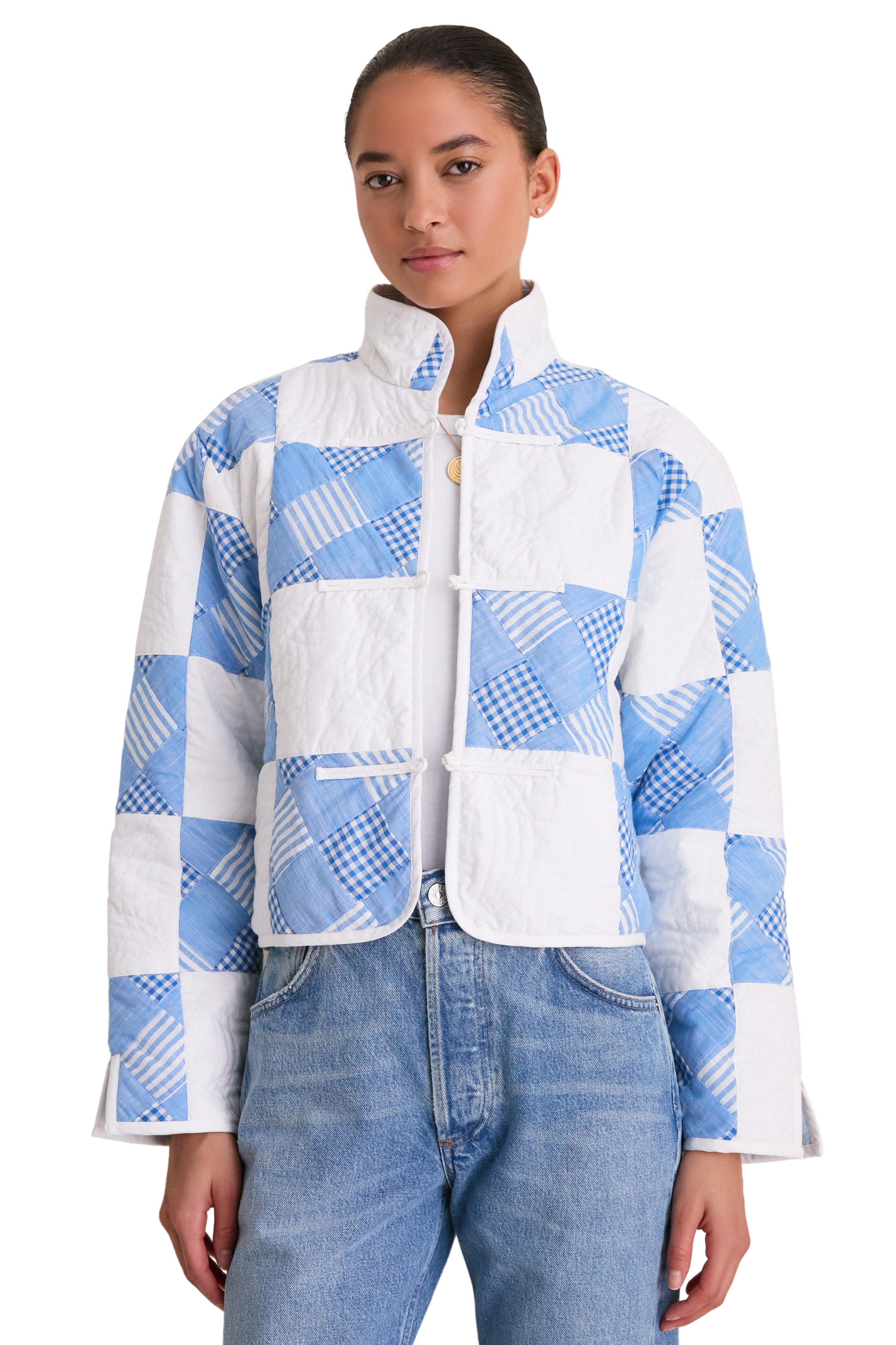 Blue and White Quilted Cropped Townley Jacket