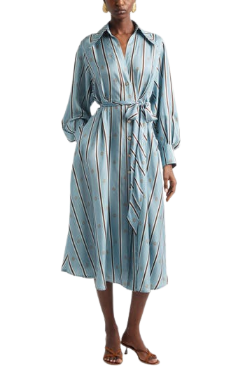 Emblem Tuck Long Sleeve Belted Midi Silk Shirtdress