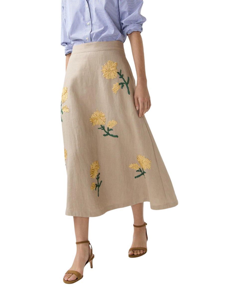 Renee Skirt in Yellow/Flax Ribbon Embroidered Linen