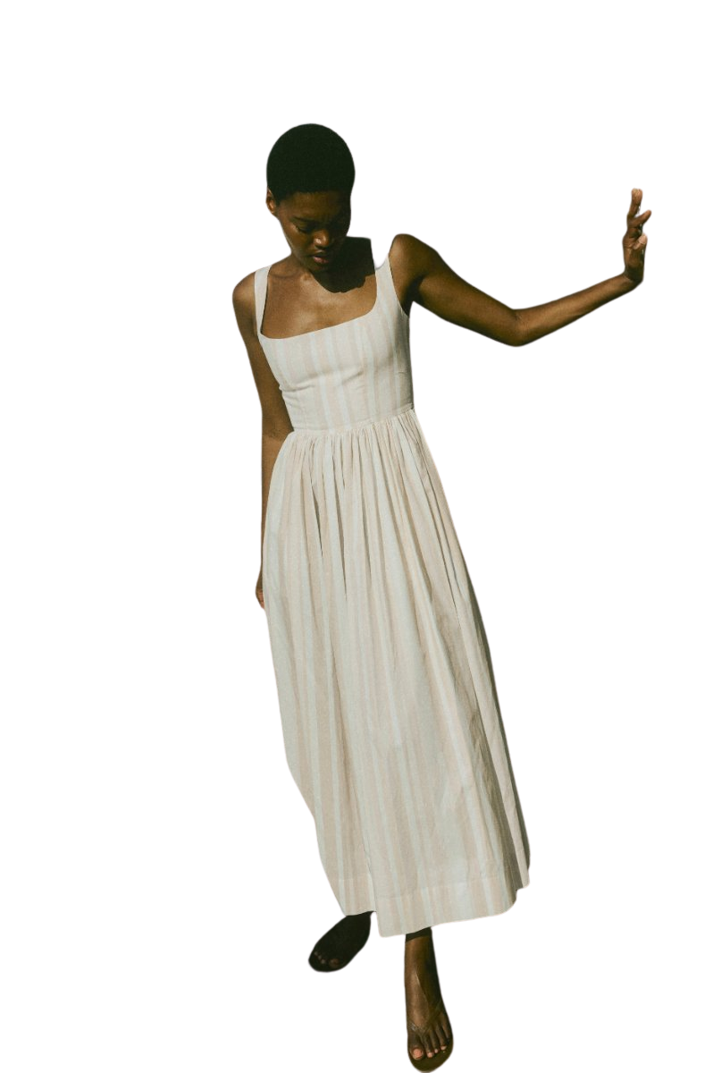 Scoop Neck Dress in Beige Stripe