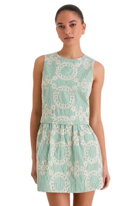 Green Stripe Vintage Embroidery Paige Mini Dress