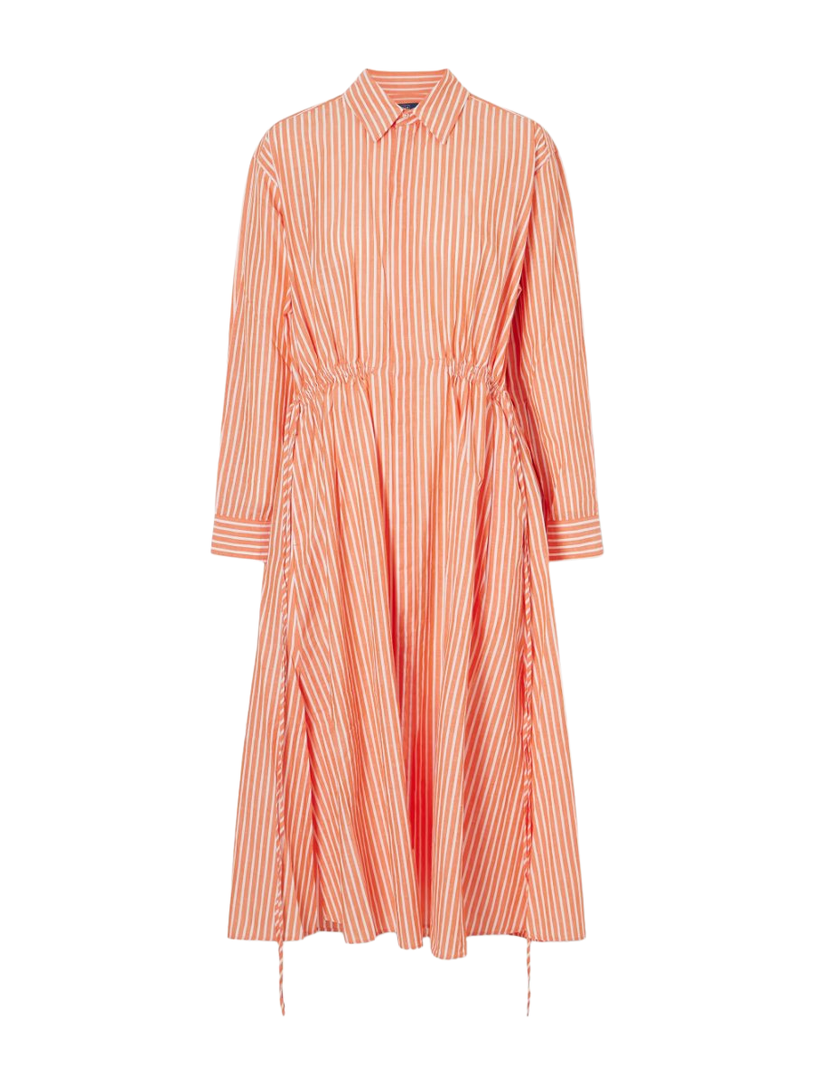 Ruched embroidered striped cotton and linen-blend maxi dress