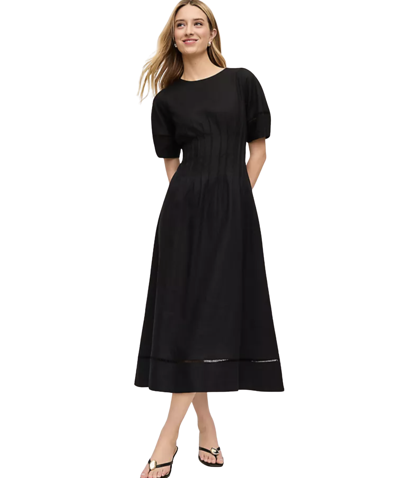 Pintuck Linen Blend Midi Dress