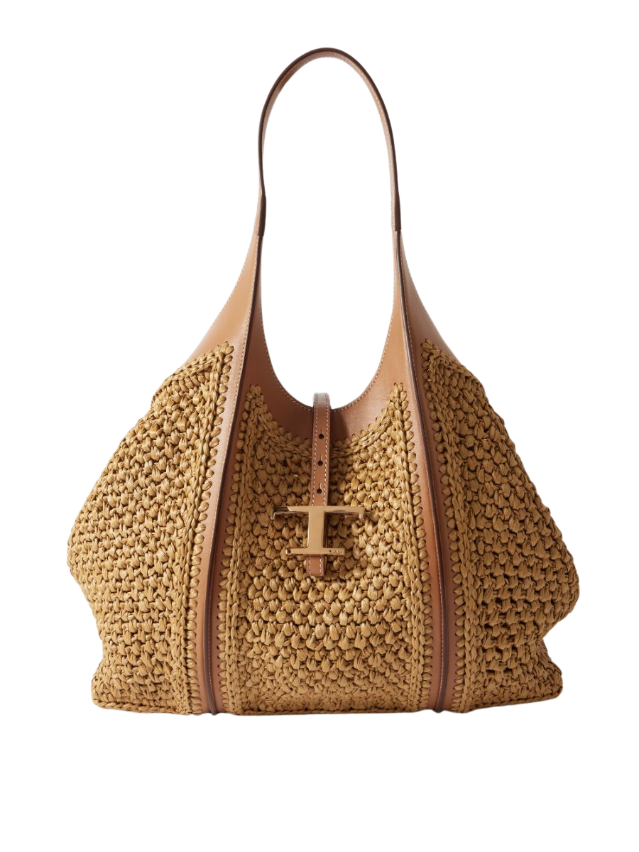 T Timeless leather-trimmed raffia shoulder bag