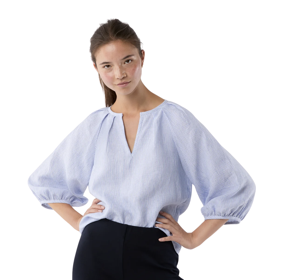 Victoria Blouse in Sky/White Small Bengal Stripe Linen