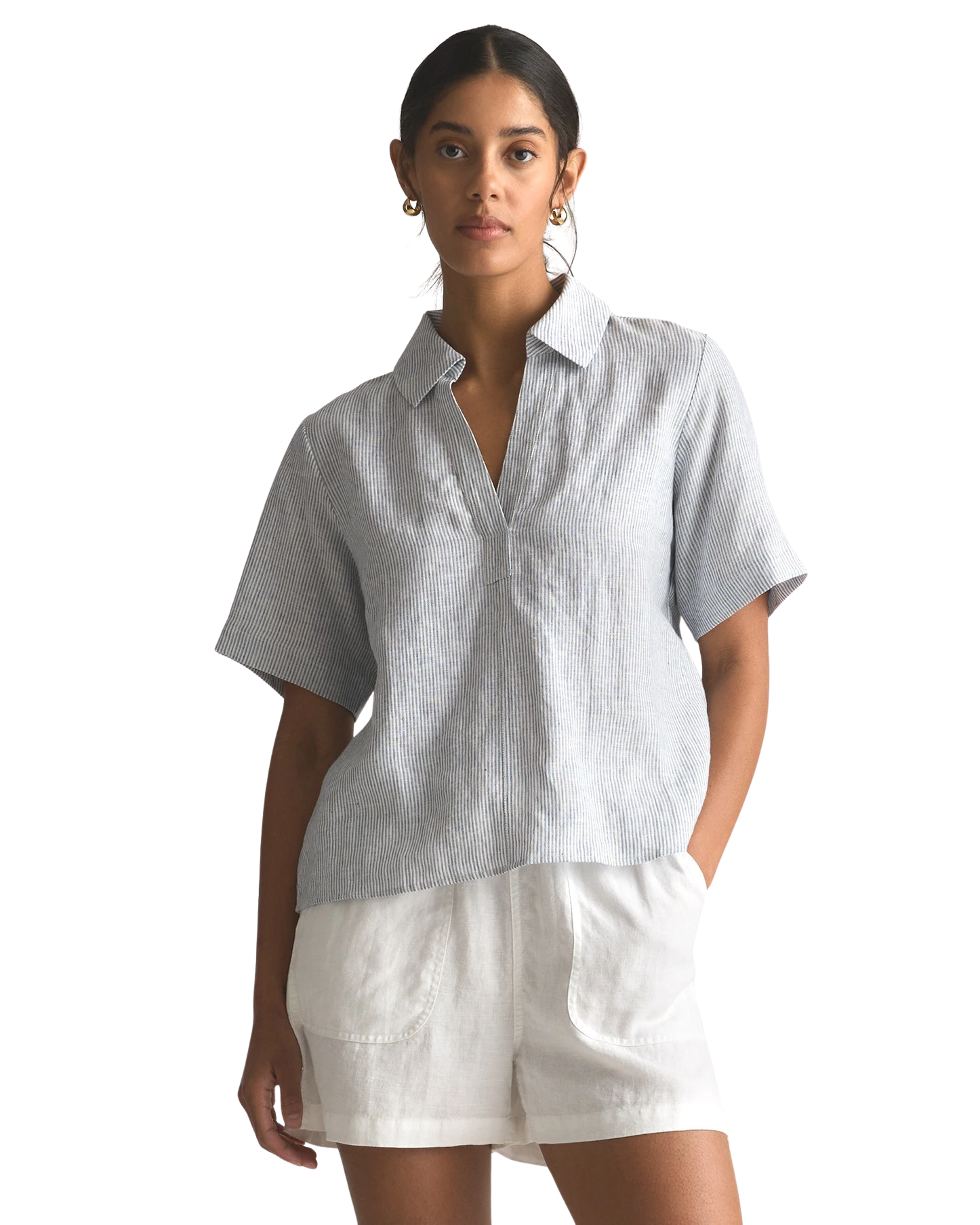 100% European Linen Short Sleeve Popover Top