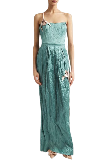 Tulip Appliqué Strapless Crinkled Metallic Satin Evening Gown