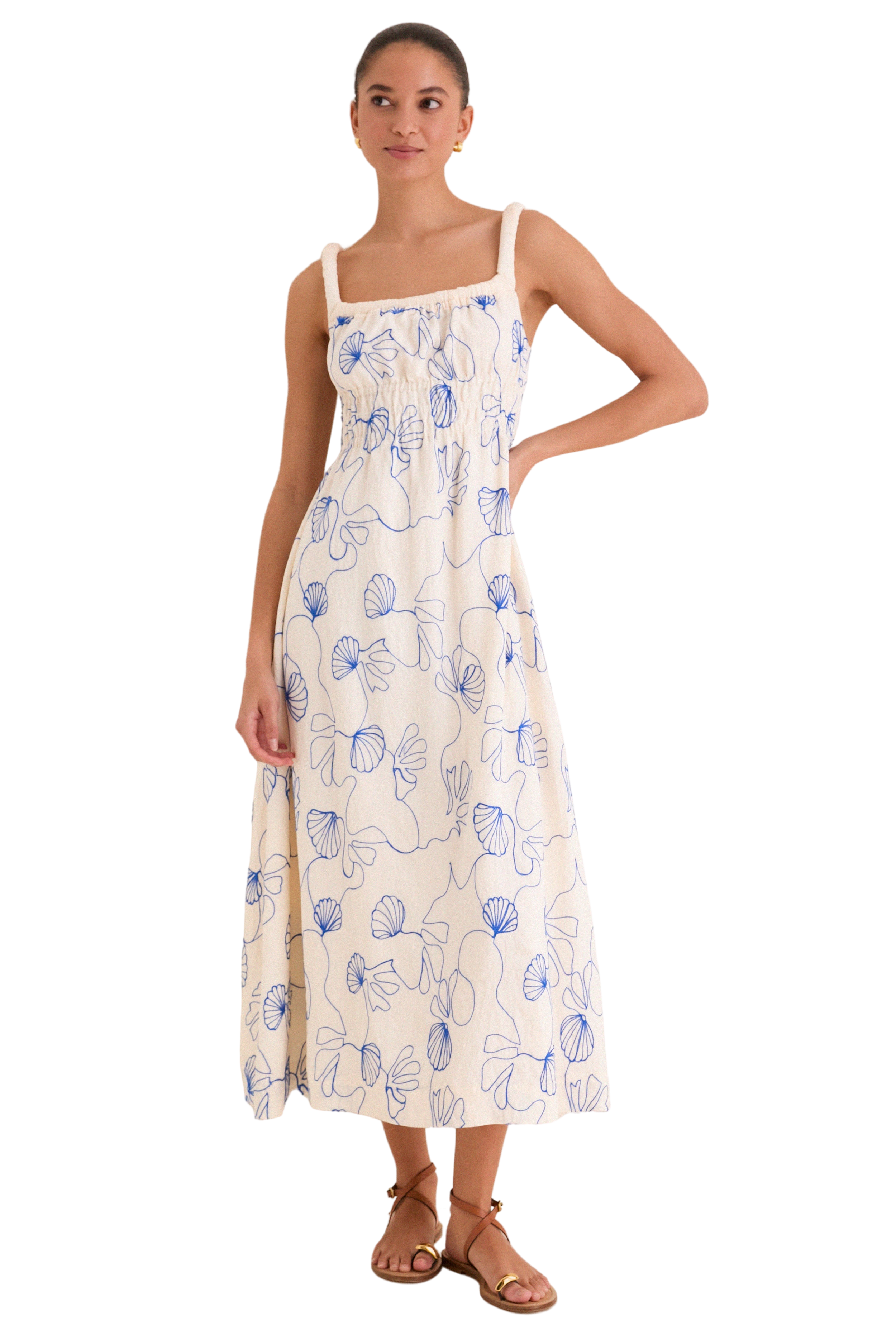 Cream & Royal Blue Embroidered Beverly Maxi Dress