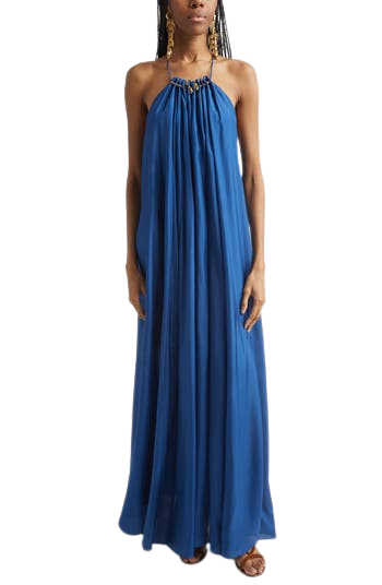 Aster Gathered Bead Silk Maxi Dress