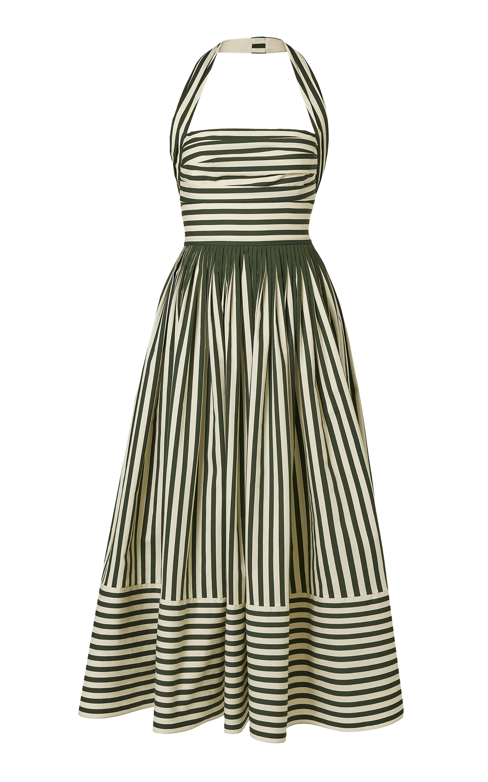 Ruched Striped Cotton-Blend Halter Midi Dress