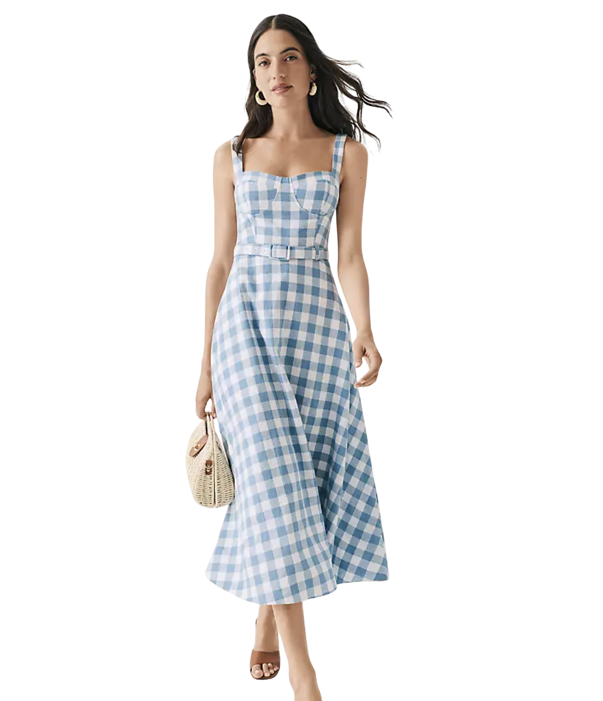 Gingham Belted Midi Dress in Linen Blend