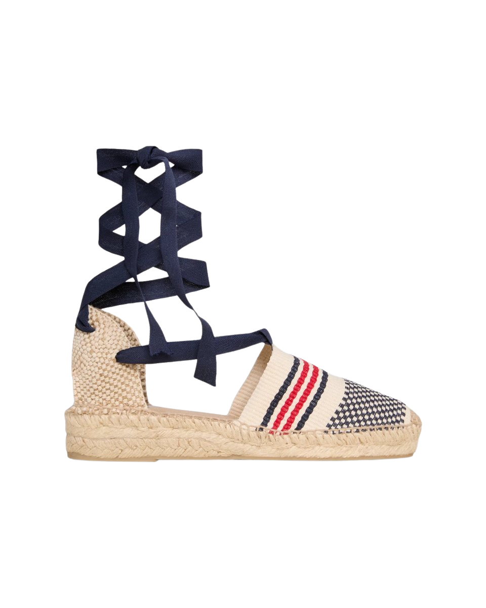 Pia Low Espadrille in Ivory/Navy/Red Stripe Canvas
