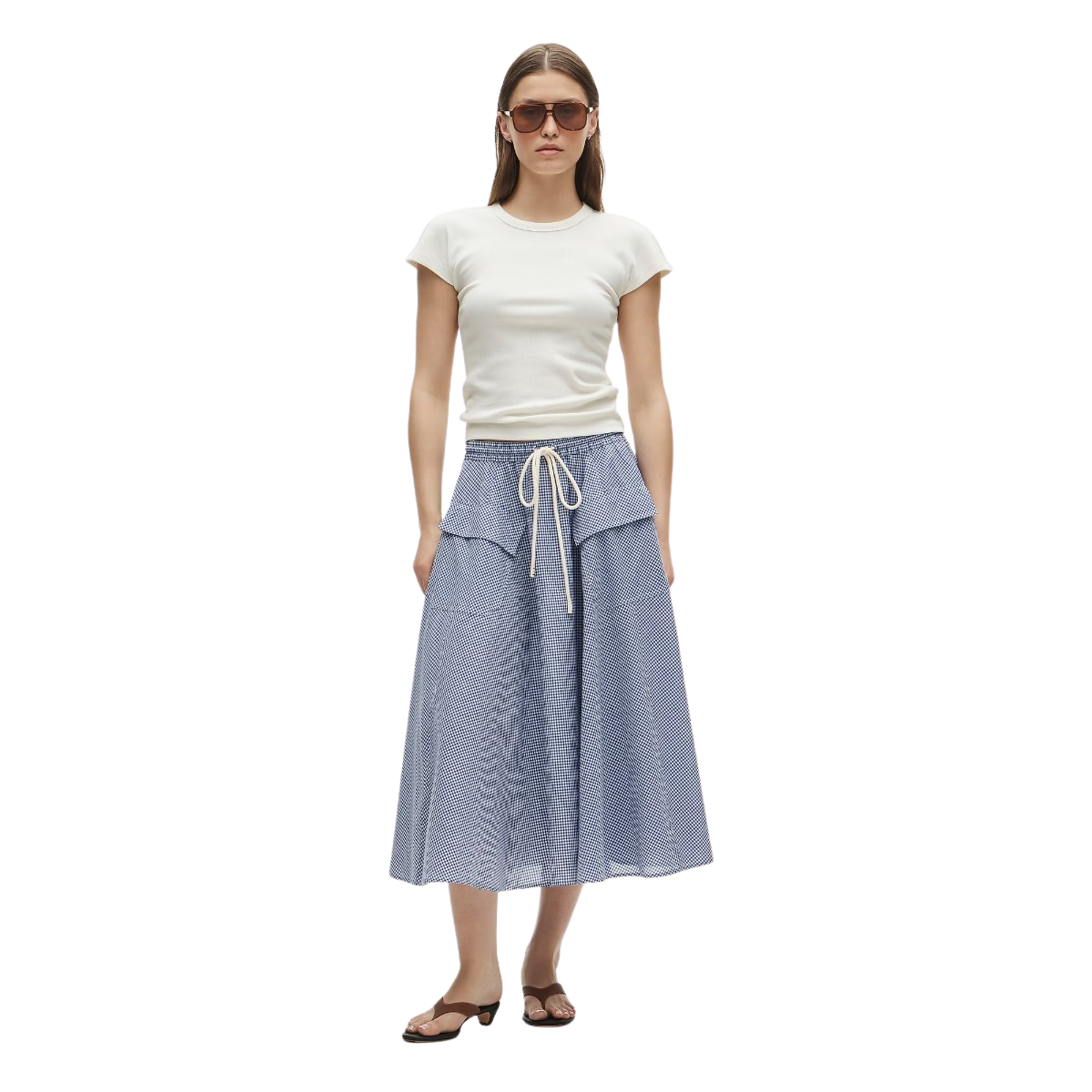 Patch-pocket midi skirt in gingham cotton madras