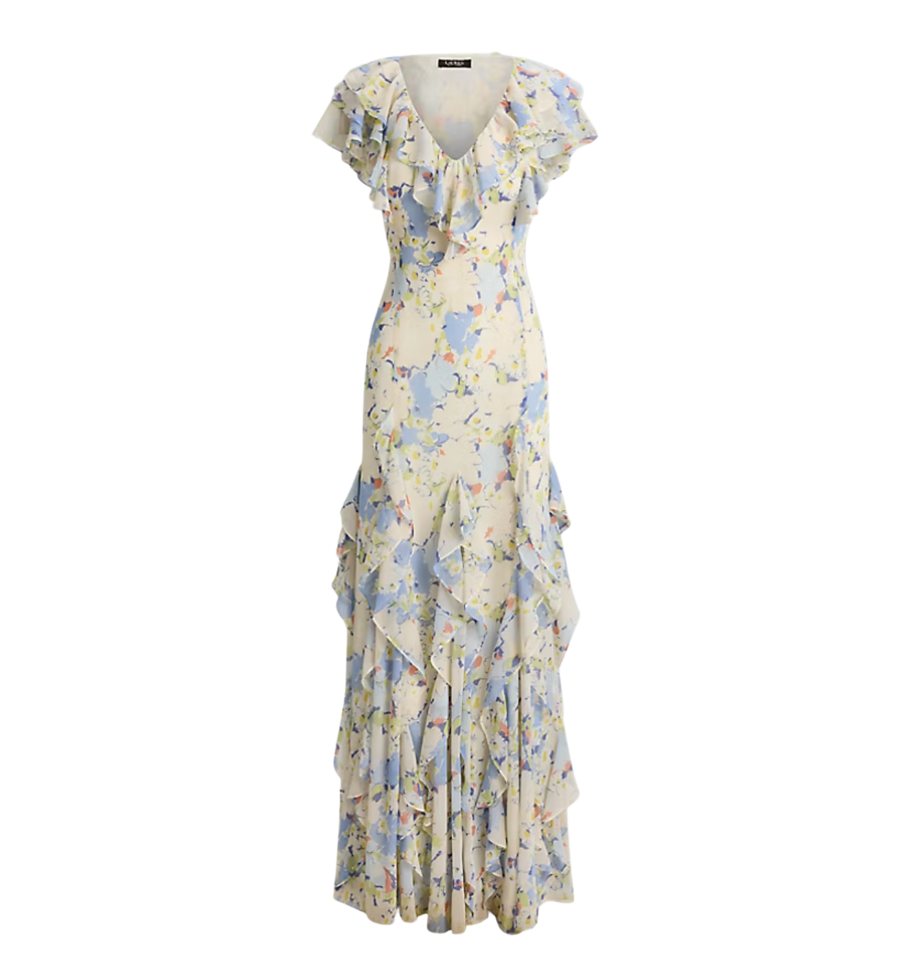 Floral Ruffle-Trim Georgette Gown