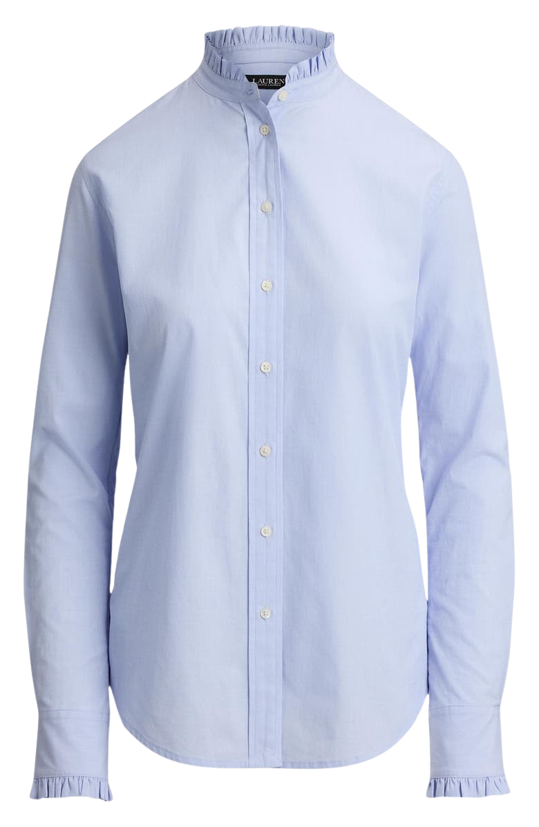 Ruffle Trim Cotton End-on-End Button-Up Shirt