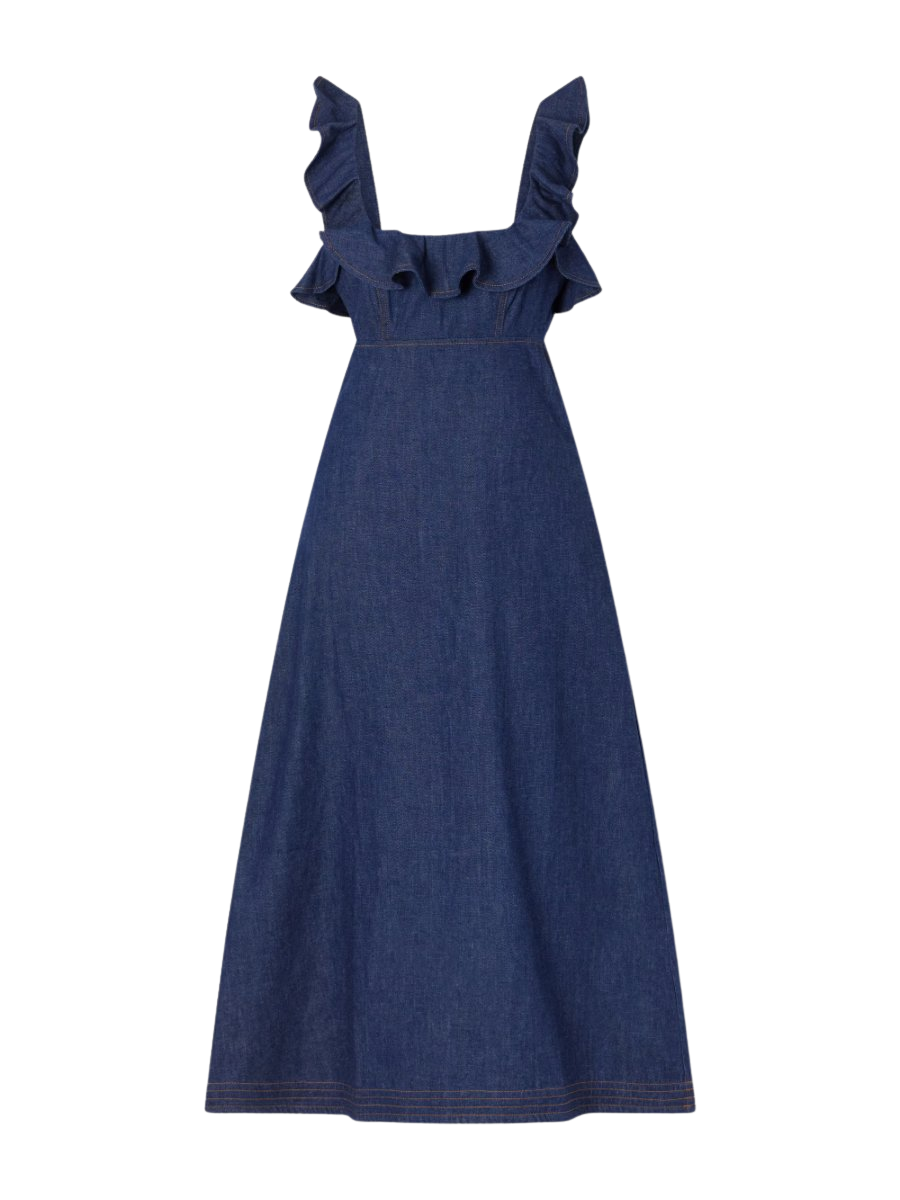 Aster ruffled denim midi dress