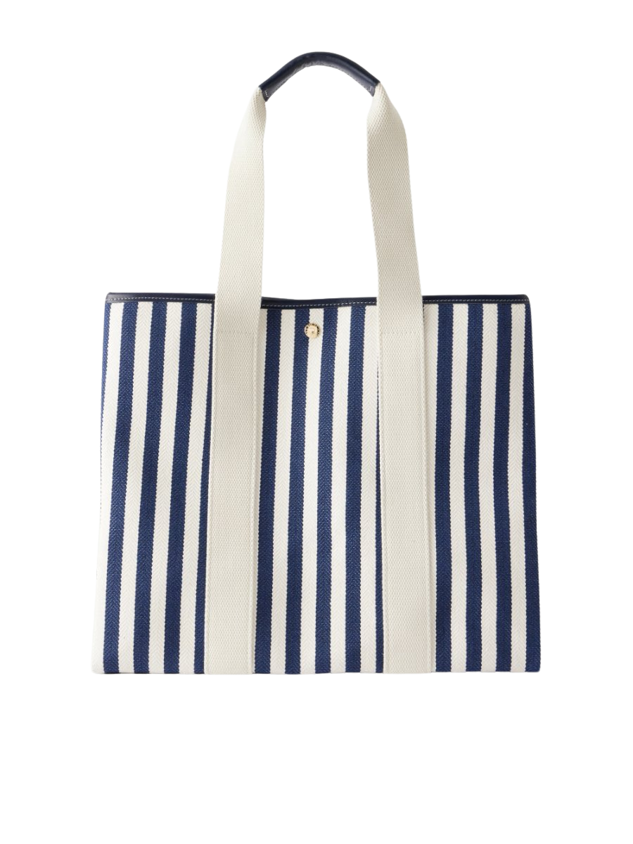 Large striped leather and webbing-trimmed canvas tote