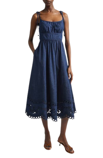 Mohan Broderie Anglaise Trim Denim Midi Dress