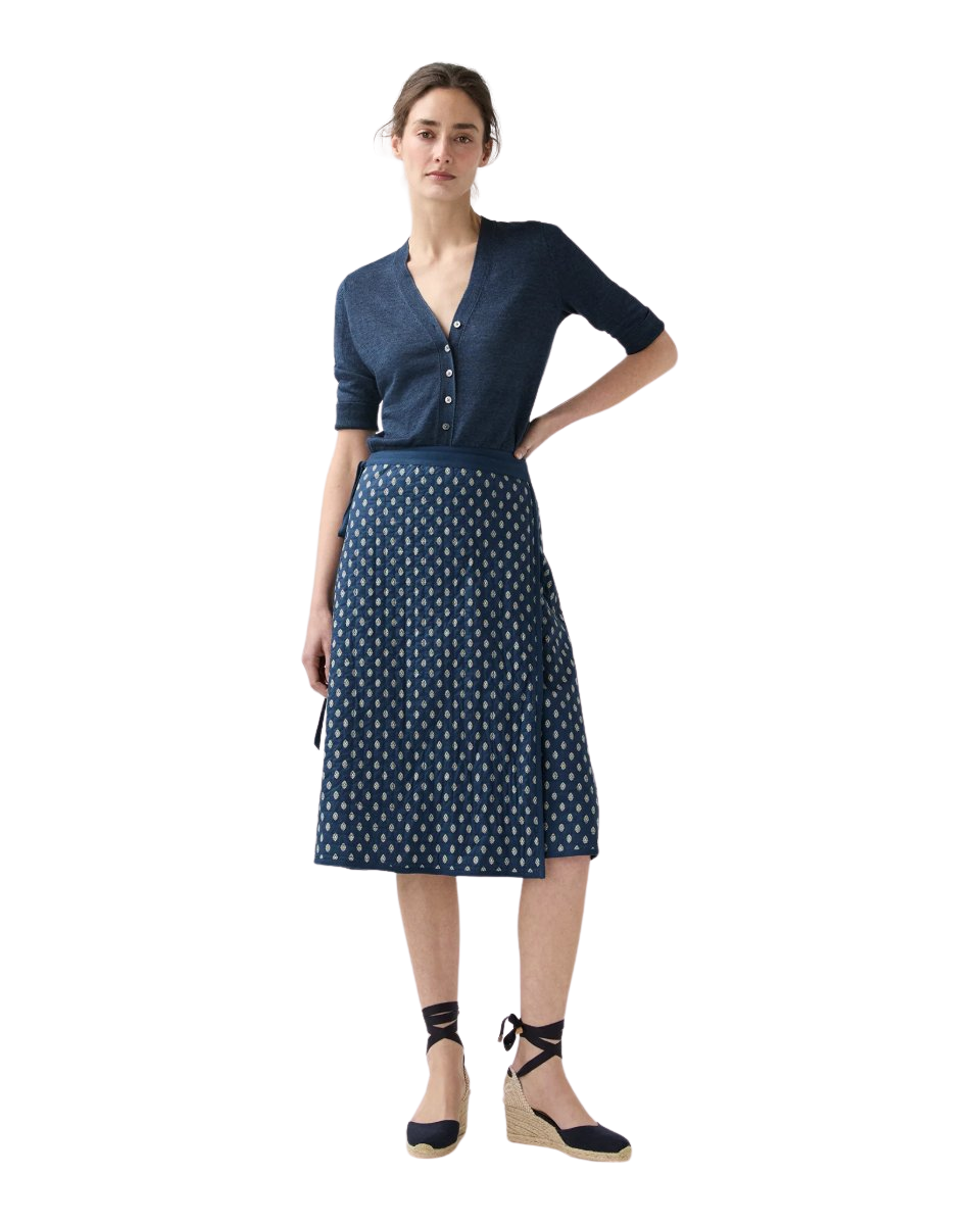 Quilted Adley Wrap Skirt in Navy/Ivory Mixed Provençal Printed Poplin