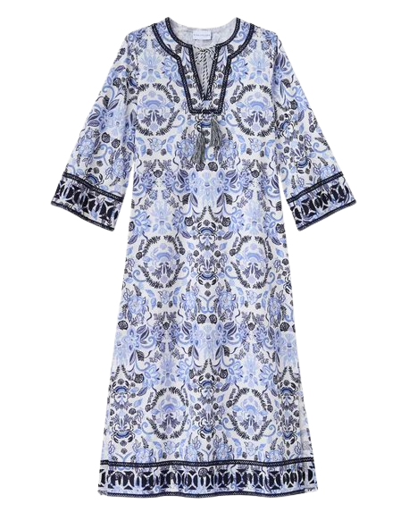 Yvonne Caftan in Mariners Bloom Print-Blue Mist