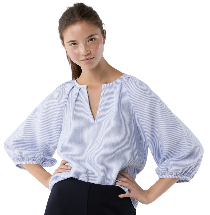 Victoria Blouse in Sky/White Small Bengal Stripe Linen