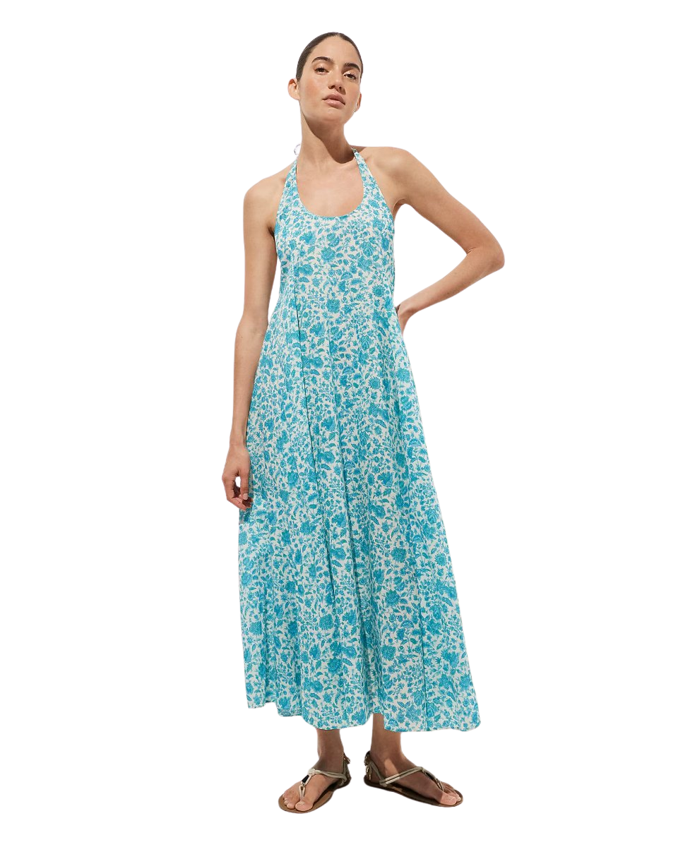 Halter beach dress in blue floral