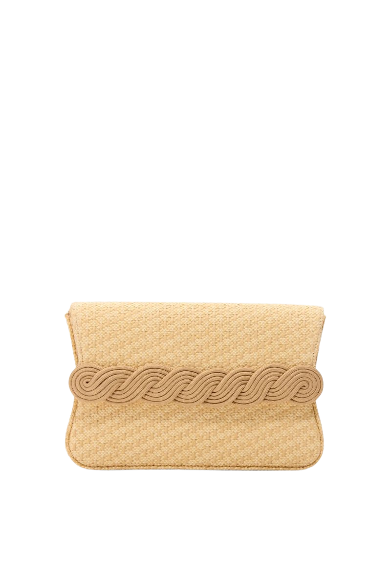 Beige straw clutch with braided passementerie