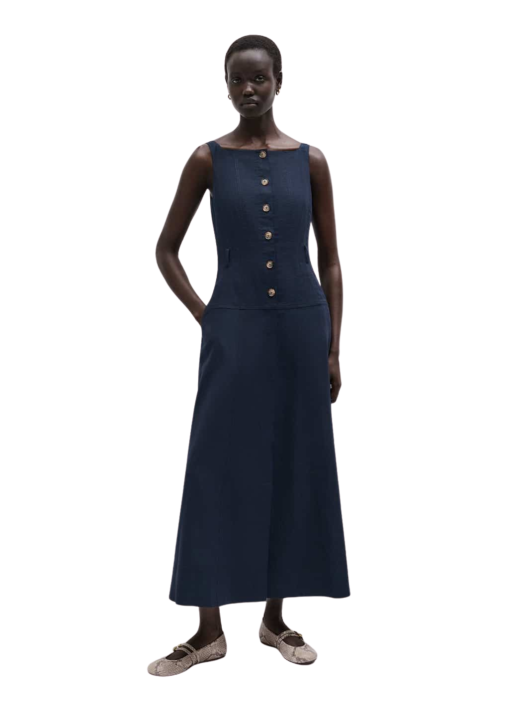 Button Front Maxi Dress Crease-Less Linen