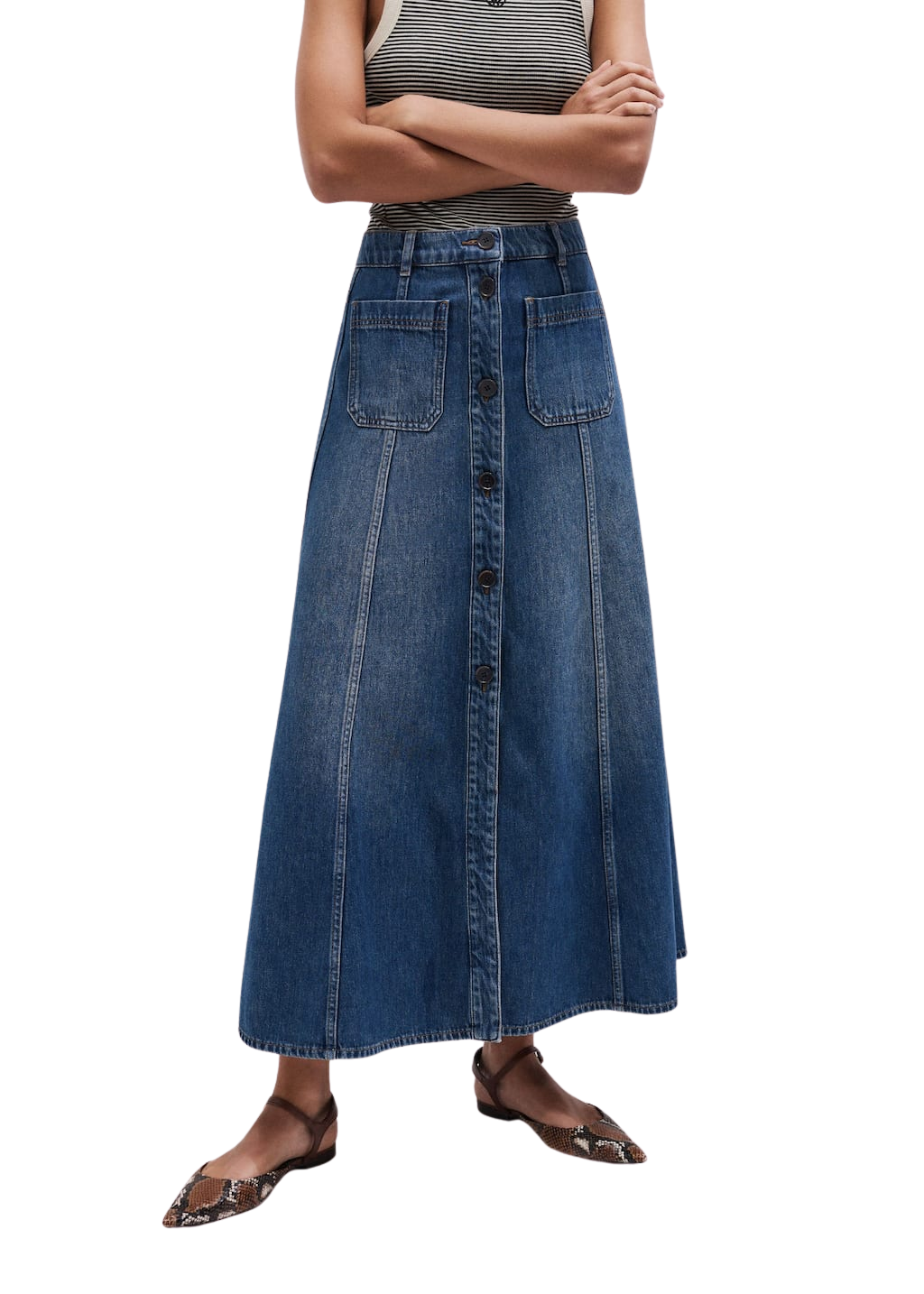 Button Front Maxi Skirt Lightweight Denim