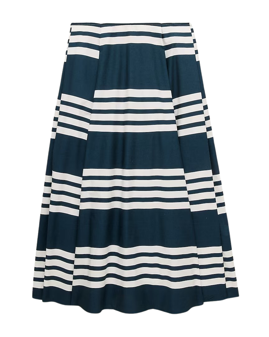 Side-pleat midi skirt in sailor-stripe cotton poplin