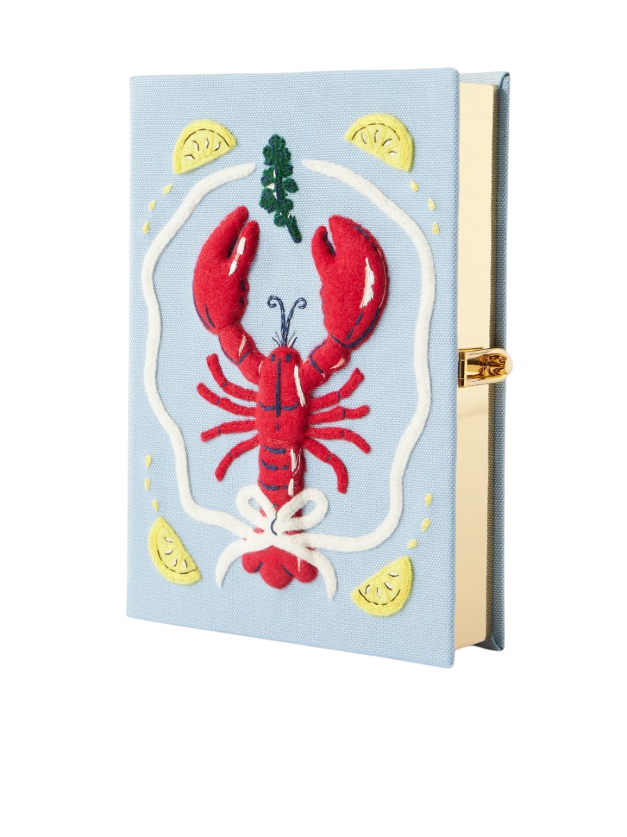 Lobster appliquéd embroidered canvas clutch