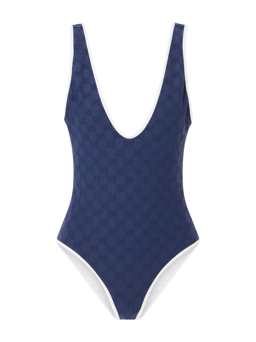 Piped terry-jacquard swimsuit