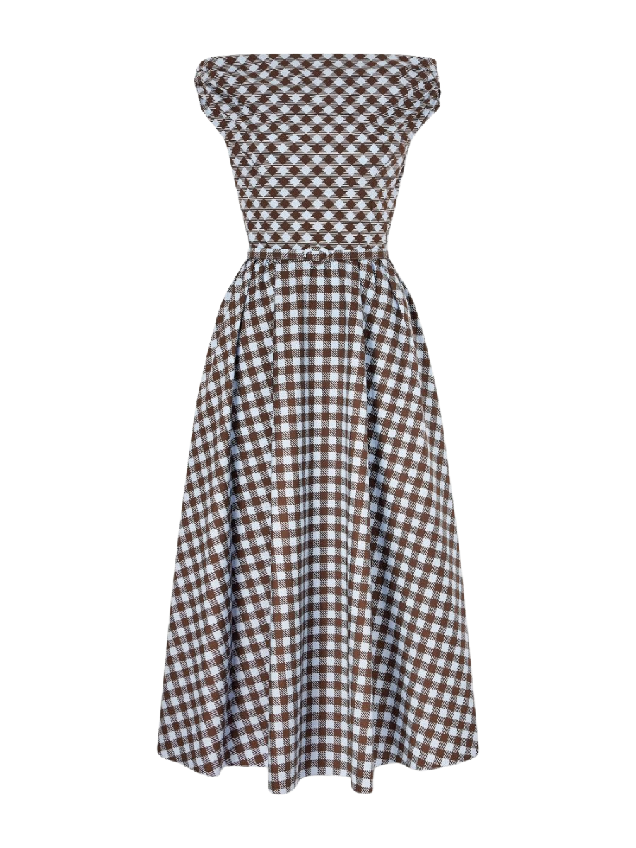 Off-the-shoulder gingham cotton-blend poplin midi dress