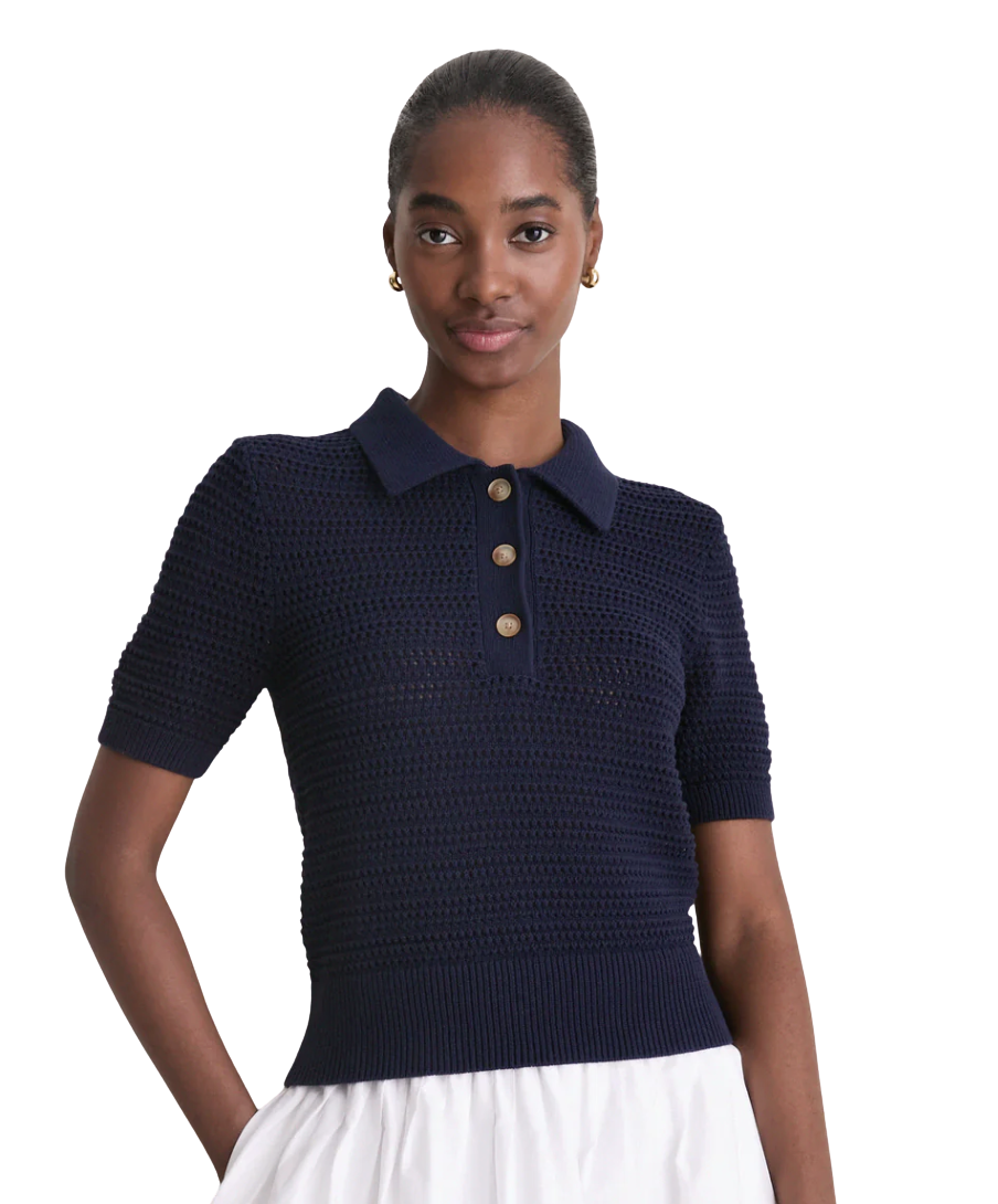 Navy Crochet Cotton Asher Polo