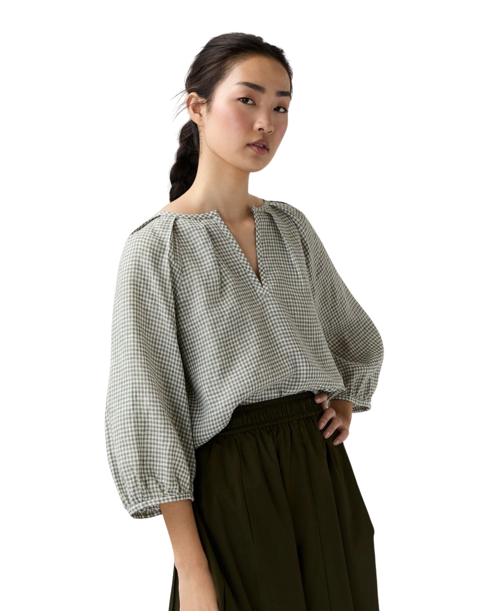 Victoria Blouse in Olive Gingham Sahara Linen