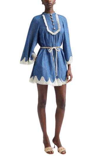 Awaken Belted Lace Trim Denim Minidress
