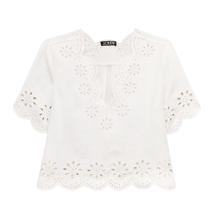 Embroidered eyelet top in linen