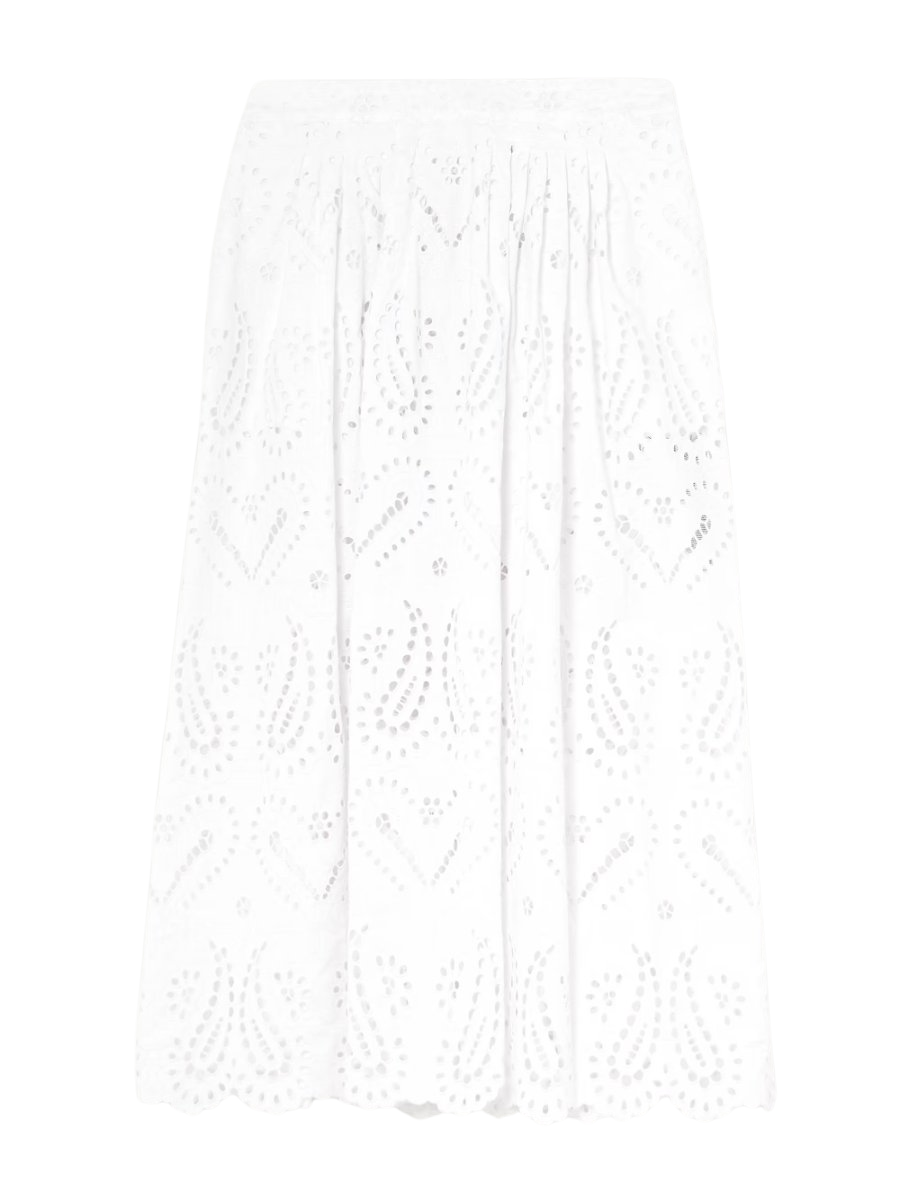 Pleated scalloped broderie anglaise cotton-blend poplin midi skirt