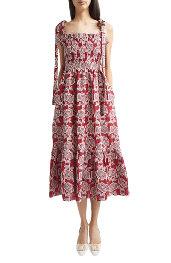 Floral Embroidered Tiered Cotton Blend Midi Sundress