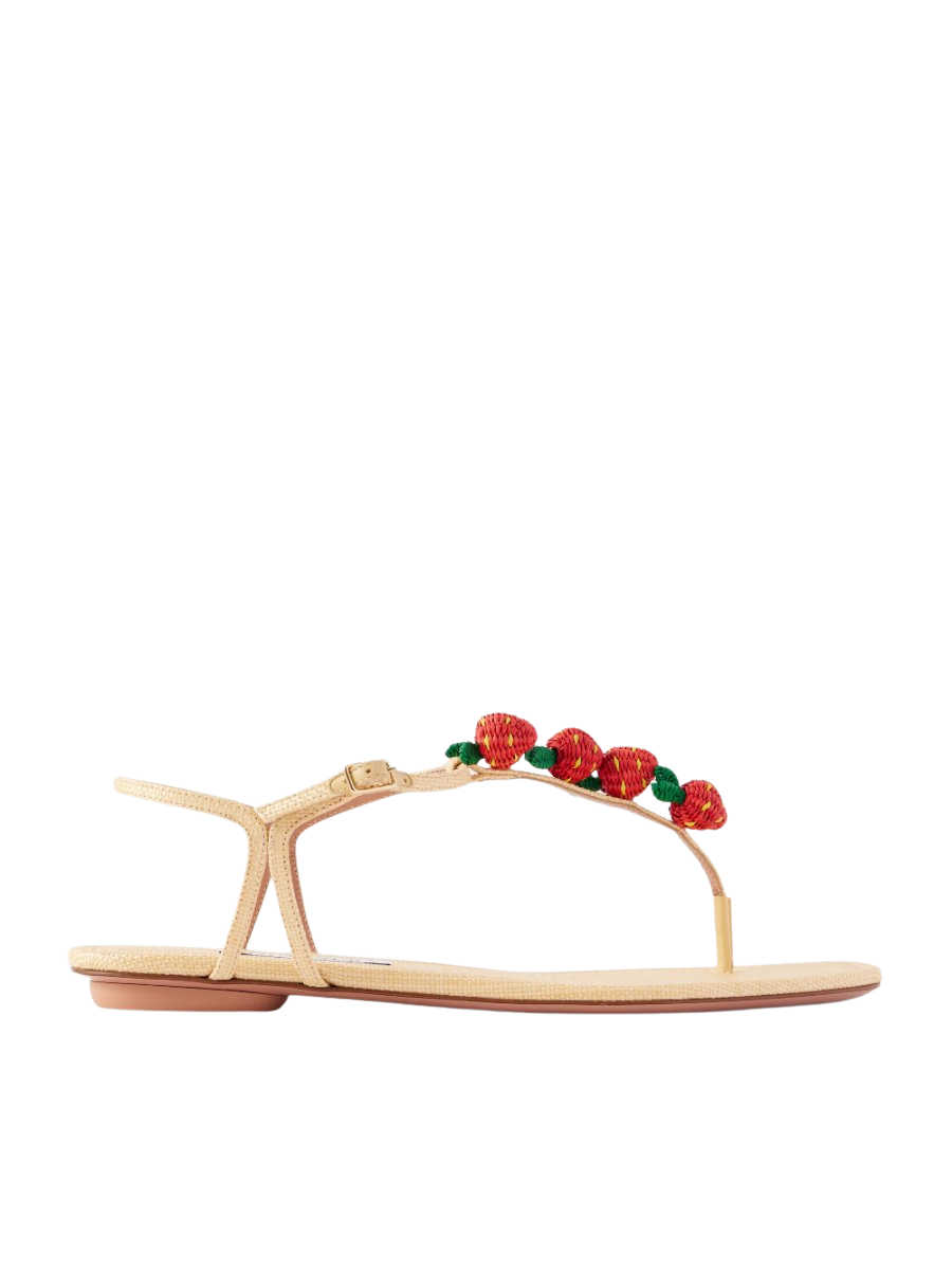 Fragolina Sugar embellished raffia-effect flat sandals