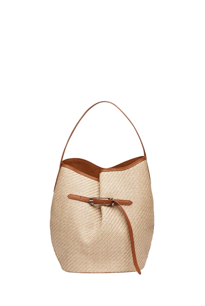 Belted Bucket Bag Large Beige Raffia
