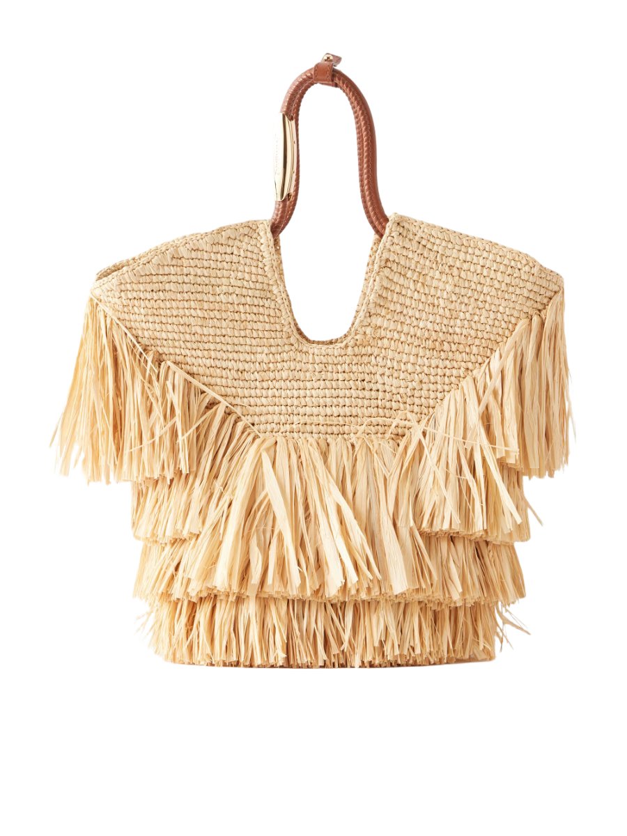 Goldentime small leather-trimmed fringed raffia tote