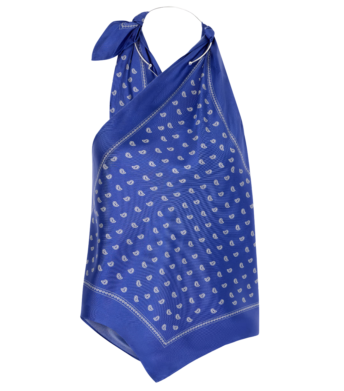 One-shoulder embellished bandana-print silk top