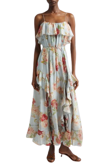 Roselight Frill Silk Habutae Maxi Dress